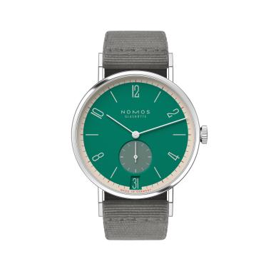 Handaufzug, NOMOS Glashütte Tangente 38 Datum Schlossgrün 