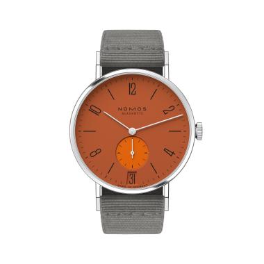 Handaufzug, NOMOS Glashütte Tangente 38 Datum Poporange 